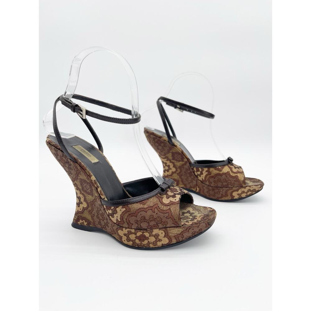 Prada Retro Y2K Brown Bronze Brocade Lurex Bow Sculptural Wedge Sandals IT 36.5 - Picture 3 of 14